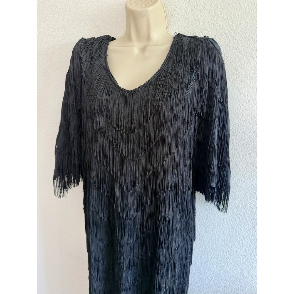 Vintage 80s Fully Fringe Dress Black Sz XL Flapper Knee Length Art Deco Cocktail - Picture 4 of 7